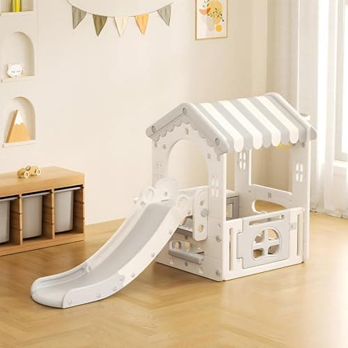 Image of Warmiehomy 6-in-1 Kids Playhouse with Slide, Indoor & Outdoor Garden Toys, Toddler Slide Playset with Building Block Table, Basketball Hoop & 60PCS Blocks, HDPE Slides for Kids Age 1-5, Beige Grey