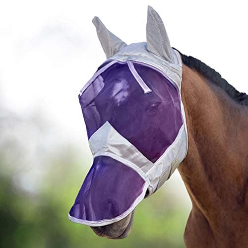 Image of Harrison Howard CareMaster Horse Fly Mask Long Nose with Ears Full Face Silver/Purple Retro Small Pony
