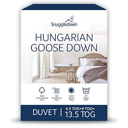 Image of Snuggledown Hungarian Goose Down Double Duvet 13.5 Tog -4.5 + 9 Tog Combination Quilt with Ethically Sourced 80:20 Blend | UK-Made, Cotton Cover, Box Stitch, Washable (200 × 200cm)