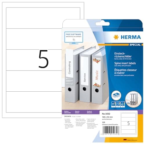 Image of HERMA Spine Inserts with Micro-Perforation, 5 Labels per A4 Sheet, 25 Sheets, 190 x 54 mm, 125 Labels, Blank Lever Arch File Folder Insert Labels, Card Inserts for Laser & Inkjet Printer, White