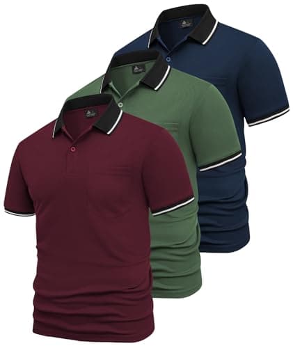 Image of SwissWell 3 Pack Mens Polo Shirts Short Sleeve T Shirts for Men Adult Golf Polo Shirt Outdoor Breathable Tee Work Sports Tennis Multipack Tops Army Green+Burgundy+Navy Blue XL