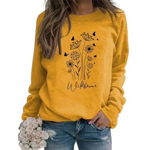 Image of Generisch Women's Floral Print Casual Fashion Retro Sweatshirt Sweater, yellow, XL