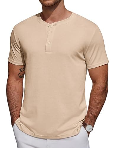 Image of COOFANDY Men's T-Shirts Henley Shirts Short Sleeve Grandad T Shirt Button Down Tops Casual Tee Fitted Top Beige M