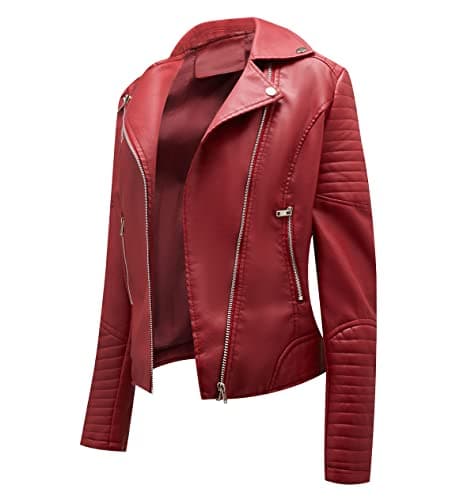 Image of Ladies Faux Leather Jacket Biker Jacket Women Womens Pu Leather Jacket Soft Faux Leather Jackets for Women Fitted Biker Leather Motorcycle Jacket Women Slim Fit Faux Leather Coat Women Wine Red S