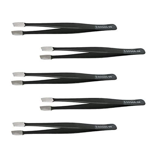 Image of Aoje-Link ESD-34a Professional Anti-Static Precision Technology Tweezers, Non-Magnetic Flat Straight, Stainless Steel Plastic Coated, Full Length 120mm, Black, 5pcs
