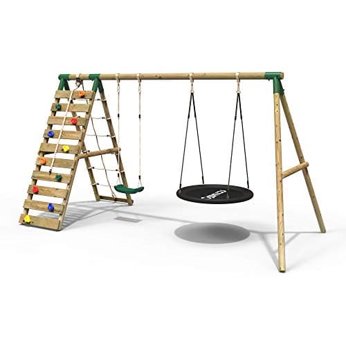 Image of Rebo® Wooden Swing Set with Up and Over Climbing Wall - Vale Green | OutdoorToys | Nest Swing, Climbing Rocks, Sturdy Wooden Construction, Pressure Treated Timber