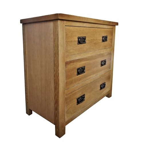 Image of Home Furniture Group Ltd Oakcroft 3 Drawer Chest – Rustic Solid Wood Bedroom Storage Unit with Dark Metal Handles – Fully Assembled