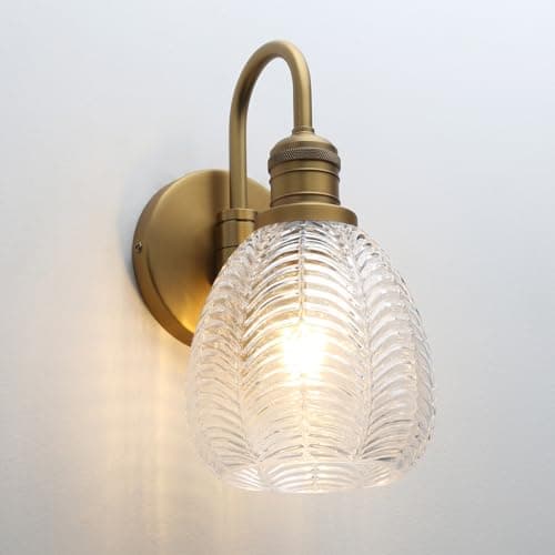 Image of JIMUBEAM Vintage Gooseneck Indoor Wall Light with Clear Ribbed Glass Shade, Industrial Leaf Pattern Bathroom Vanity Light Wall Sconce for Bedroom Living Room Over Kitchen Sink