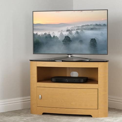 Image of AVF Curved Wood TV Stand - Blenheim Affinity 800mm Wide Floorstand Unit Upto 40", Oak With Black Glass, Open and Closed Storage