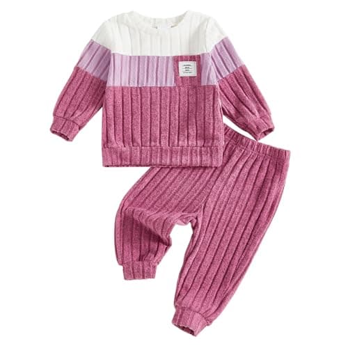 Image of Carolilly Toddler Baby Boys Girls Outfits Plush Long Sleeve Contrast Sweatshirts Tops Pullover + Elastic Waist Solid Color Pants 2Pcs Tracksuit Kids Fall Winter Clothes Set (Pink, 12-18 Months)