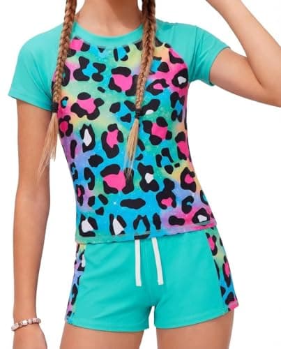 Image of JiAmy Girls Swimming Costume Kids Two Piece Short Sleeve Swimsuit UV Sun Protection Swimwear Summer Beach Bathing Suit Blue Leopard 10-12 Years