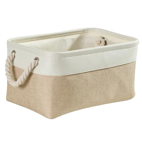Image of Mangata Storage Boxes, Small Fabric Storage Baskets with Rope Handles for Cupboards, Shelves, Wardrobe, Toys, Clothes (Foldable, Light Khaki White)