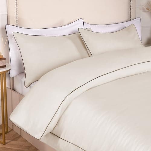 Image of OHS King Size Bedding Piped Edge, Ultrasoft Warm Microfibre Fabric Modern Stylish Luxury 100% Soft Touch Duvet Cover Set with Two Pillowcases, Cream/Black - Kingsize