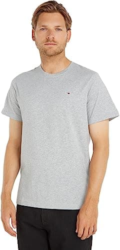 Image of Tommy Jeans Men's Tjm Slim Jersey C Neck Ext Dm0dm09598 S/S Knit Tops, Grey (Lt Grey Htr), XXS