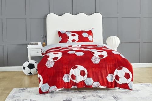 Image of GC GAVENO CAVAILIA Football Bedding Single Teady Fleece Duvet Cover Set (135x200 cm) - Breathable Kids Bed Cover With Pillowcase - Red Duvet Set Washable Linen