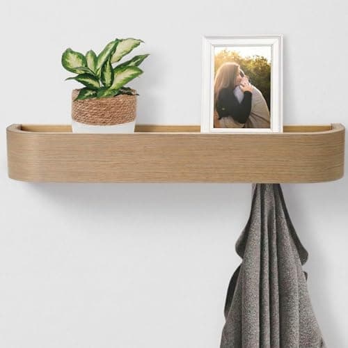 Image of keypak Scandi Wooden Coat Rack with Shelf - Wall Mounted 4 Hidden Coat Hooks & 49cm Floating Shelf for Hallways, Bedrooms & Entryways - Burlywood