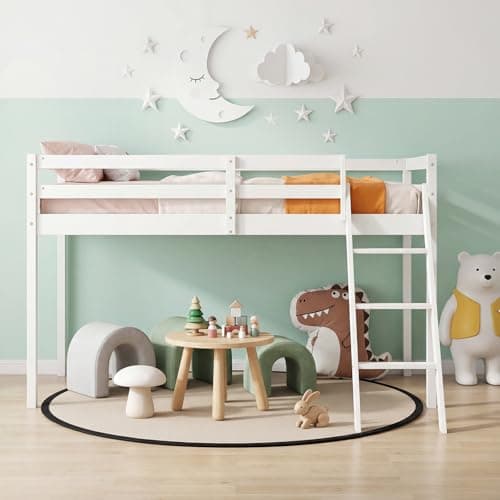 Image of Panana Mid Sleeper with Storage,Solid Wooden Single Loft Bed Frame 3FT Cabin Bed,Space Saving (White, Stair Style)
