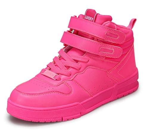Image of LUCKY STEP Women's High Top Fashion Sneakers Basketball Ankle Boots Walking Tennis Shoes Platform Hook and Loop Casual Faux Leather Sneaker (Hot Pink, 6US-36EU-3UK)