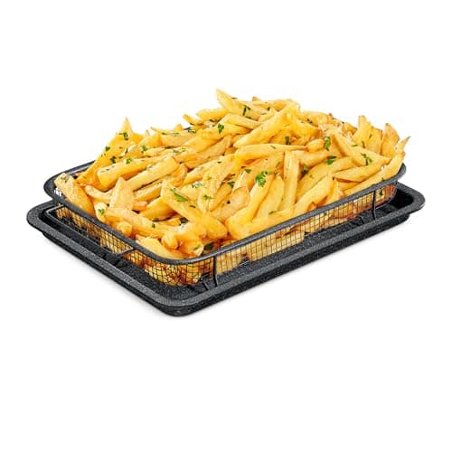 Image of Bakken Swiss Crisper Tray - 2-Piece Set – Gray Marble Coating, Non-Stick Basket for Healthier Cooking in Regular Ovens - Perfectly Crispy Chips, Bacon & More