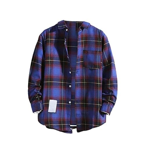 Image of Mens Long Sleeve Checked Shirt Lapel Button Down Flannel Overshirts with Pockets Adult Regular Fit Lumberjack Plaid Work Shirts Casual Classic Tartan Check Overshirts for Daily Wear (Purple, XL)