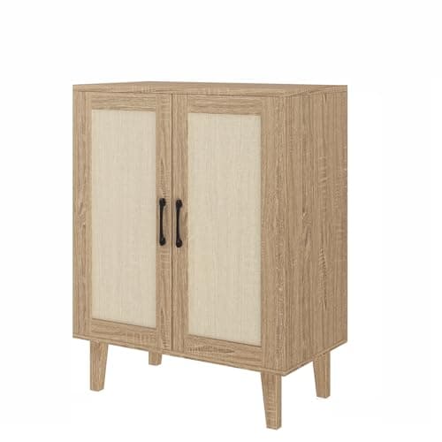 Image of Panana Buffet Storage Cabinet with Rattan Decorating Living Room Wood Kitchen Sideboard Accent Cabinet (Natural Wood, 69(W) x 38(D) x 88(H) cm)