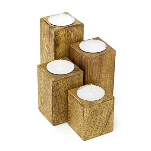 Image of Set Of 4 Mango Wood Tealight Holders | 4 Piece Wooden Votive Candle Holder Set With Tealights | Square Rustic Tea Light Candle Holders