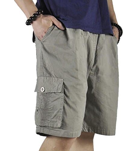 Image of Putaowor Men's Lightweight Cotton Full Elastic Waist Loose Fit Drawstring Workout Washed Cargo Shorts Khaki 38