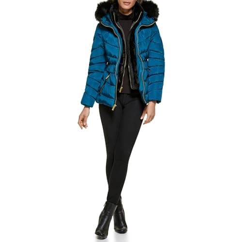 Image of GUESS Women's Puffer Hooded Cold Weather Coat, Blue, L