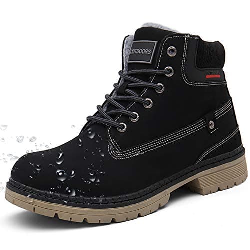 Image of Snow Boots Womens Mens Winter Flat Ankle Boots Warm Fur Lined Fashion Combat Leather Shoes Casual Sneakers Work Walking Hiking Lace Up Outdoor Trainer Urban, Black, 7 UK