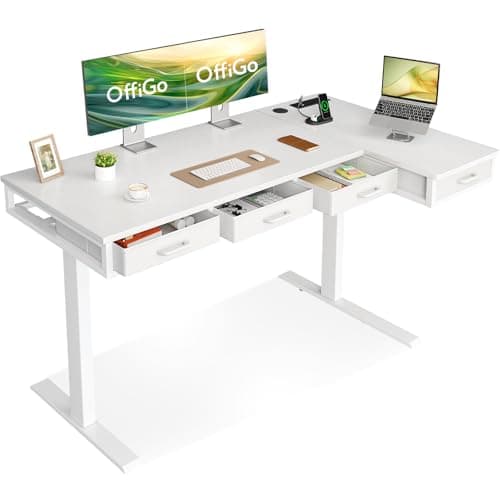 Image of OffiGo Electric Standing Desk, 160x80cm Conrer Desk with 4 Drawers, Large L Shaped Table with Socket, Height Adjustable Rising Table with Storage for Sit Stand Home Office Workstation, White