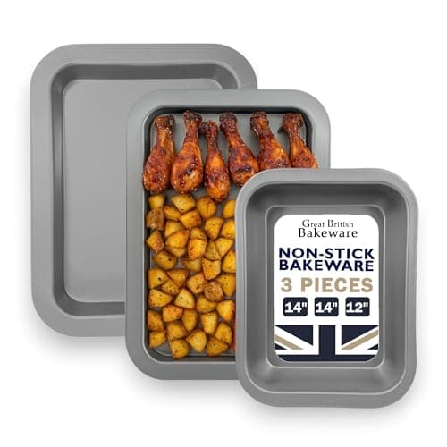 Image of Samuel Groves 3 Piece Non Stick Baking Tray & Roasting Pan Set – UK Made Oven Trays – Double Coated Bakeware for Cooking, Pastry, Cakes & Roasts Great British Bakwware
