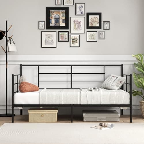 Image of RELAX4LIFE Single Metal Day Bed, 3FT Bed Frame Home Guest Sofa Bed with 28cm Underbed Storage Space, Heavy-duty Metal Slats Support Platform Bed for Living Room Bedroom, No Box Spring Needed