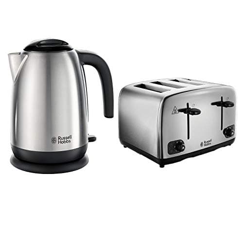 Image of Russell Hobbs Adventure Brushed and Polished Stainless Steel Four Slice Toaster with Brushed Kettle Bundle