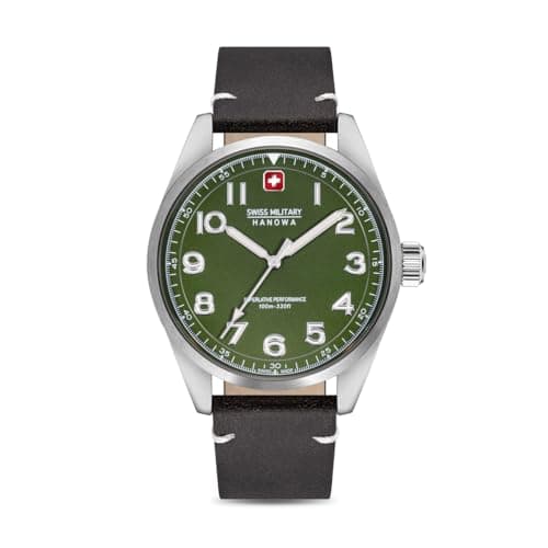 Image of Swiss Military Hanowa Falcon Men's Watch with Genuine Leather Strap, 42 mm Diameter, Sapphire Glass, Green, 42 mm, Bracelet