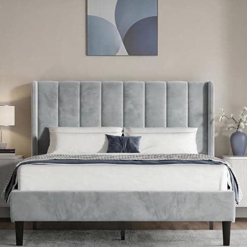 Image of Blisswood King Size Bed Frame Noise-Free Upholstered Platform Bed With Vertical Design Headboard Sturdy Wooden Slats Support & Under Bed Storage (Light Grey, King)