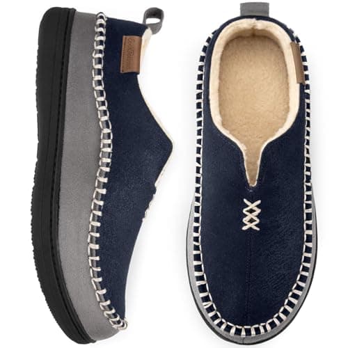 Image of EverFoams Men's Micro Suede Memory Foam Moccasin Slippers with Fuzzy Sherpa Lining and Anti-skid Sole Size Navy,8 UK