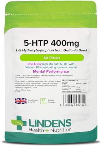 Image of Lindens - 5 HTP 400mg, 60 Tablets - 1-A-Day, UK Made - 50mg Griffonia Simplicifolia Seed Extract 8:1, with Vitamin B5 - Mental Performance - Letterbox Friendly, Vegan