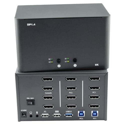 Image of KVM Switch 4 Monitors 2 Computers, 8k Displayport Switch with USB 3.0, Jack, 2 Computers Share a Set of Keyboard, Mouse, Support Windows/Mac/Linux (KVM-DP2-4)