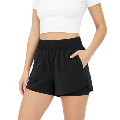 Image of WUDEUI Girls 2 in 1Running Shorts, High Waisted Athletic Gym Active Trousers with Liner Zipped Pockets for Tennis Yoga Dance Sports Black