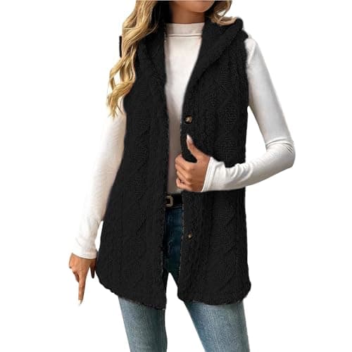 Image of Black Women's Fleece Gilets - Cable Knitted Waistcoat, Hooded, Button Down, Loose Fit, Plus Size, Casual Sleeveless Jackets, Winter Warm Bodywarmer Airport Outfits Knitwear UK 5XL