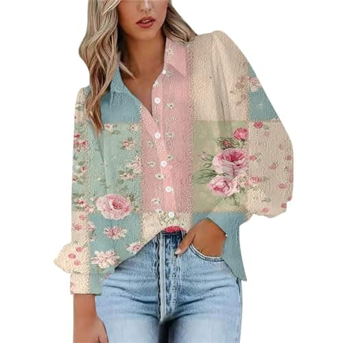 Image of Blouses for Women Puff Long Sleeve V Neck Collared Button Down Shirt Ladies Vintage Floral Print Fashion Tops(Mint Green, L)