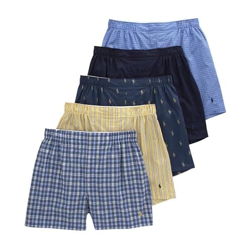 Image of Polo Ralph Lauren Mens Classic Fit Woven Boxers 5 Pack, Muller Plaid/Cruise Navy/Rustic Navy/Summer Stripe/Sag Harbor, XL