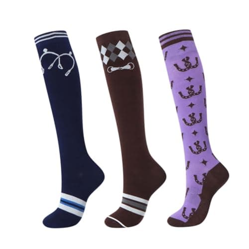 Image of Harrison Howard 3 Pairs Premium Quality Equestrian Riding Socks for Horse Riding &Tall Boot Knee High Socks for Women, Horse Hardware/Coffee Diamond Grid/Purple Horseshoe Print, One size