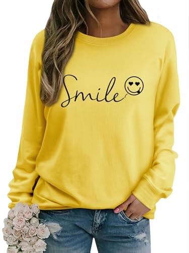 Image of Dresswel Womens Sweatshirt Vintage Funny Smile Face Graphic Print Crewneck Long Sleeve Tops Ladies Pullover Basic Cotton Jumpers Blouse (Yellow, XL)