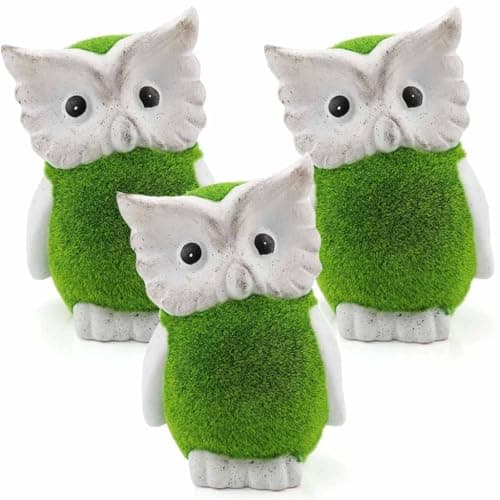 Image of Wise Owl Statue - Pack of 3 - 10"/26cm Owl Garden Ornament with Green Flocked Body – Perfect for Home & Garden Decor, Decorative Figurine for Patio, Balcony, Yard, Lawn – Unique Housewarming Gift