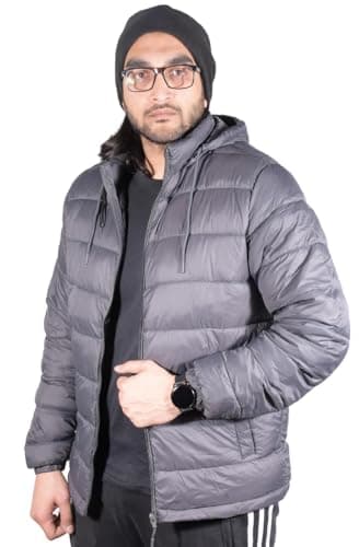 Image of True Face Men's Warm Puffer Bomber Jacket, Water-Resistant Quilted Winter Coat with Hood, Lightweight Padded Outerwear for Cold Weather - Stylish & Comfortable Insulated Top Dark Grey M