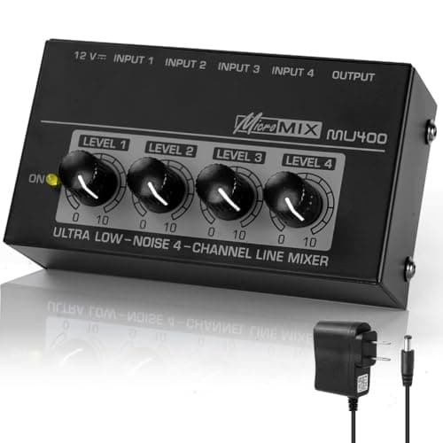 Image of OFFCUP 4 Channel Audio Mixer, Mini 12V Compact Low Noise Line Mixer, Metal Karaoke Sound Mixers with Separate Volume Adjustment for Guitar Bass Keyboard Stage Microphone Mixer (Black)