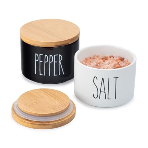 Image of Heartland Home Ceramic Salt and Pepper Bowls. Dual Holder Salt Cellar with Lid. Black and White Stackable Salt Container Set. Salt Keeper, Pepper Bowl, 2 Airtight Wooden Lids. 9oz Salt Box Pinch Dish