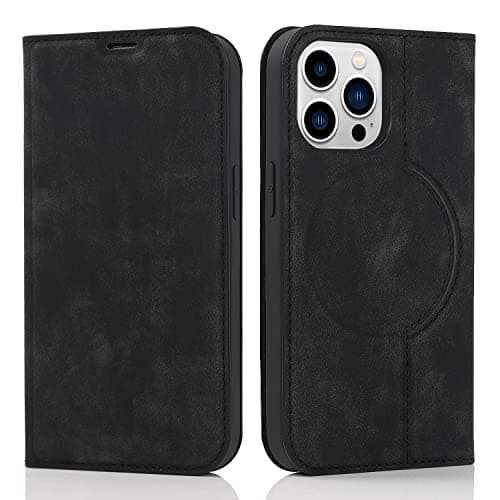 Image of QLTYPRI Wallet Case for iPhone 13 Pro (6.1 inch) Compatible with Magsafe Charger, Magnetic Flip Folio PU Leather Phone Case with RFID Blocking Card Holder Slots Kickstand Shockproof Cover - Black