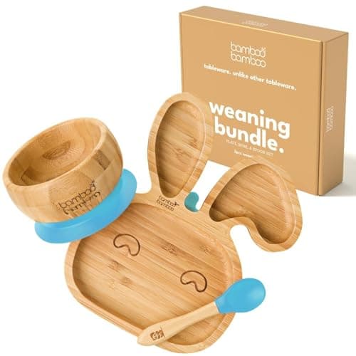 Image of bamboo bamboo Baby Plate & Bowl Weaning Set for Feeding and Weaning, Bamboo Bunny Plate, Toddler Bowl & Baby Spoon with Secure Suction for Babies from 6 Months (Bunny, Blue)